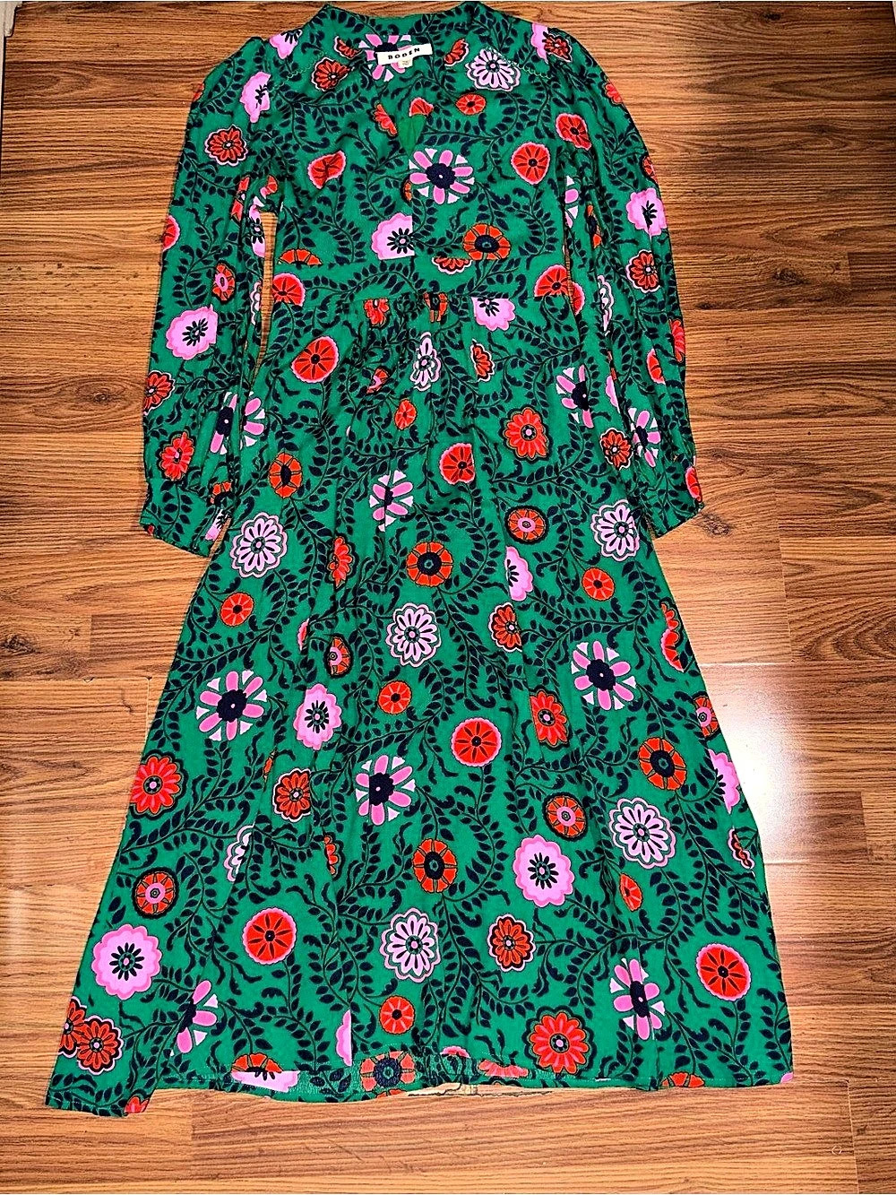 Boden Zoe Trim Detail Midi Dress Floral Maxi Dress in Green & Pink Size 2P Like